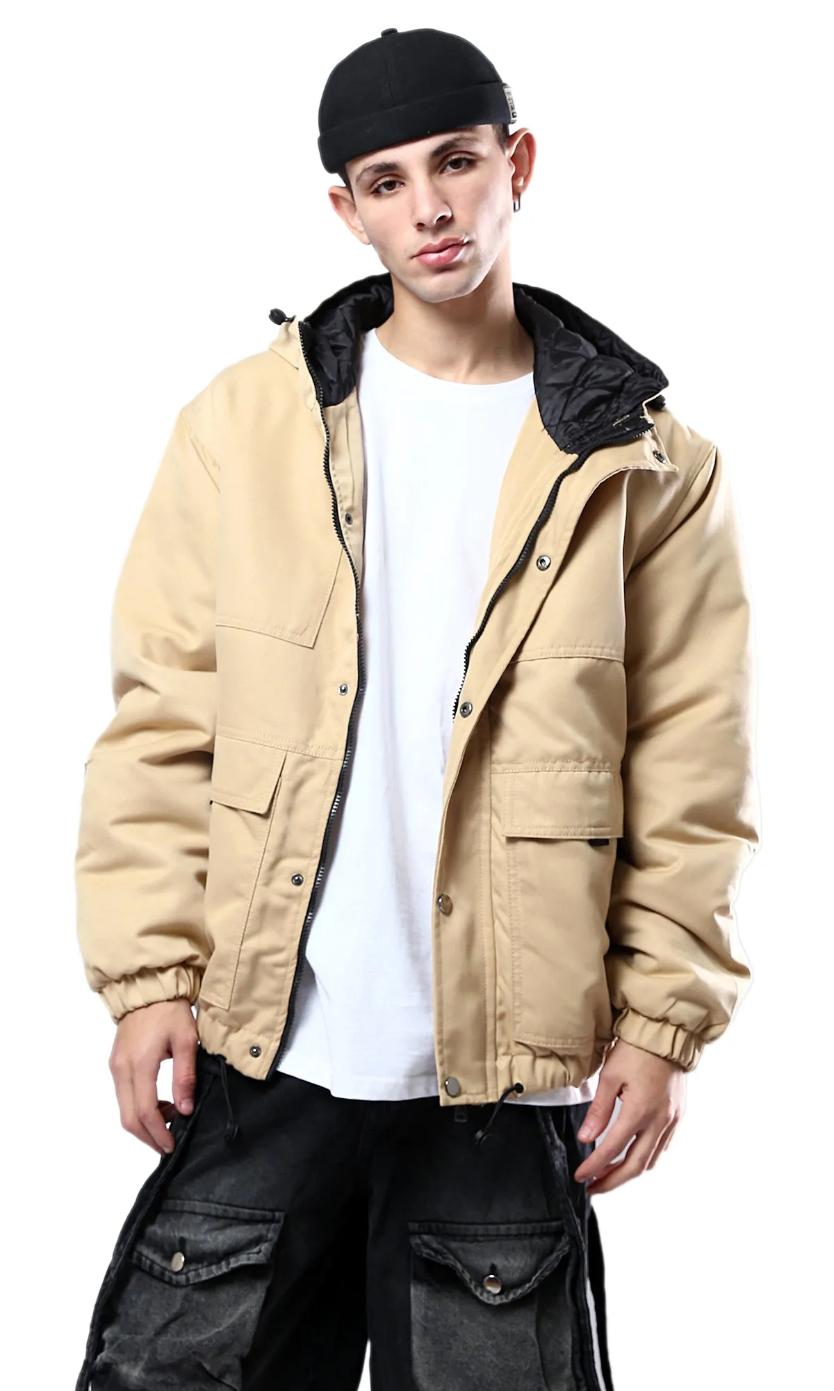 O174459 Hooded Neck Long Sleeves Sand Jacket