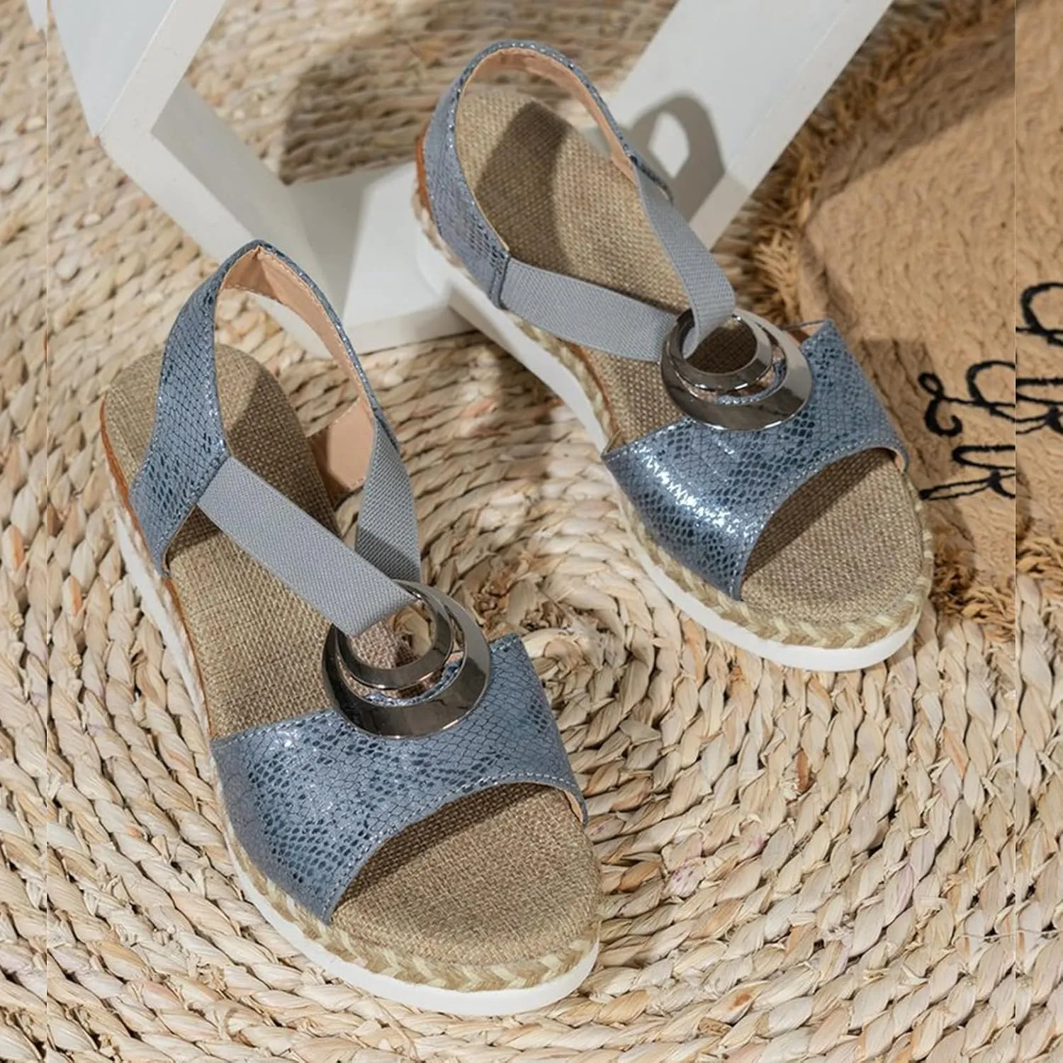 Orthopedic Sandals for Women Metal Trim Leather Wedge Sandals Open Toe Ankle Strap Sandal Woven Flax Sole Platform Shoes Comfortable Arch Support Summer Shoes