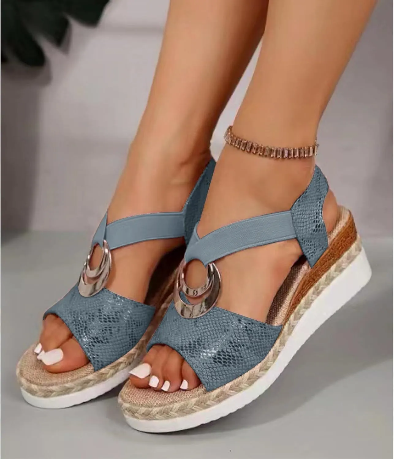 Orthopedic Sandals for Women Metal Trim Leather Wedge Sandals Open Toe Ankle Strap Sandal Woven Flax Sole Platform Shoes Comfortable Arch Support Summer Shoes