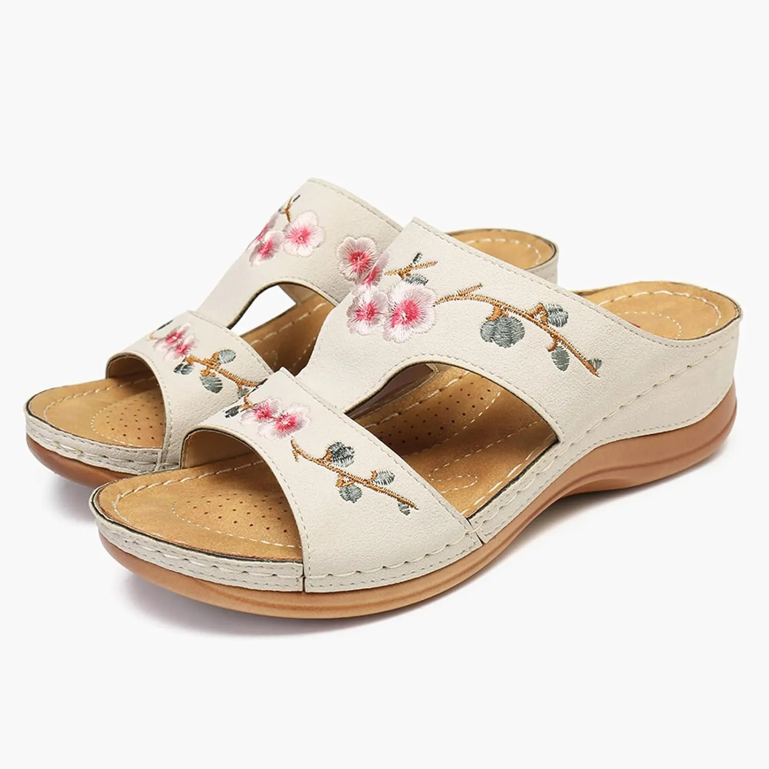 Orthopedic Slippers for Women Embroidery Leather Vamp Non Slip Shoes Wide Width Open Toe Shoes Arch Support Orthotic Slides Slippers Beach Vacation Summer Flat