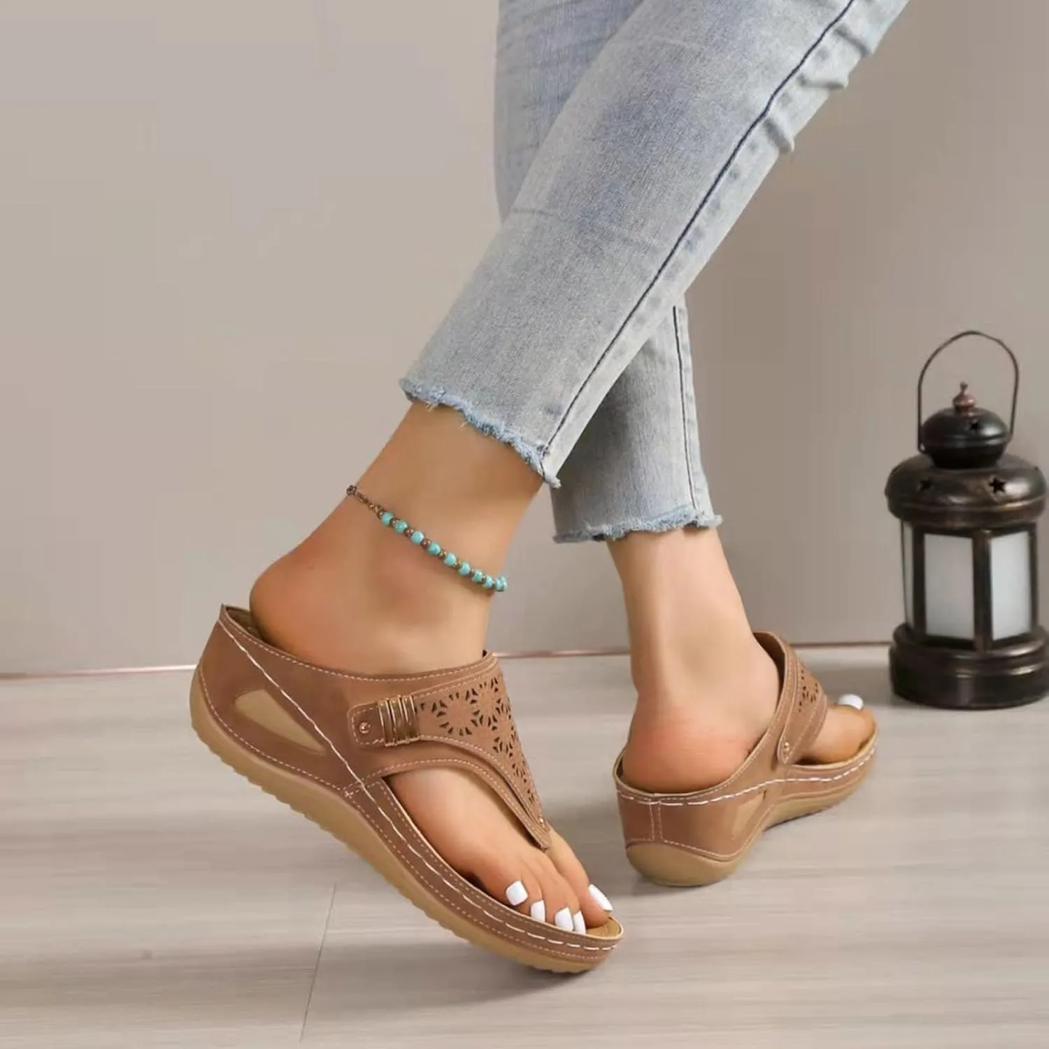 Orthopedic Wedge Sandals for Women Dressy Summer 2025,Arch Support Flip Flops Comfortable Elegant Casual Beach Slippers Women's Orthotic Sandals Slip-on Flats Outdoor Slides Boho Walking Shoes