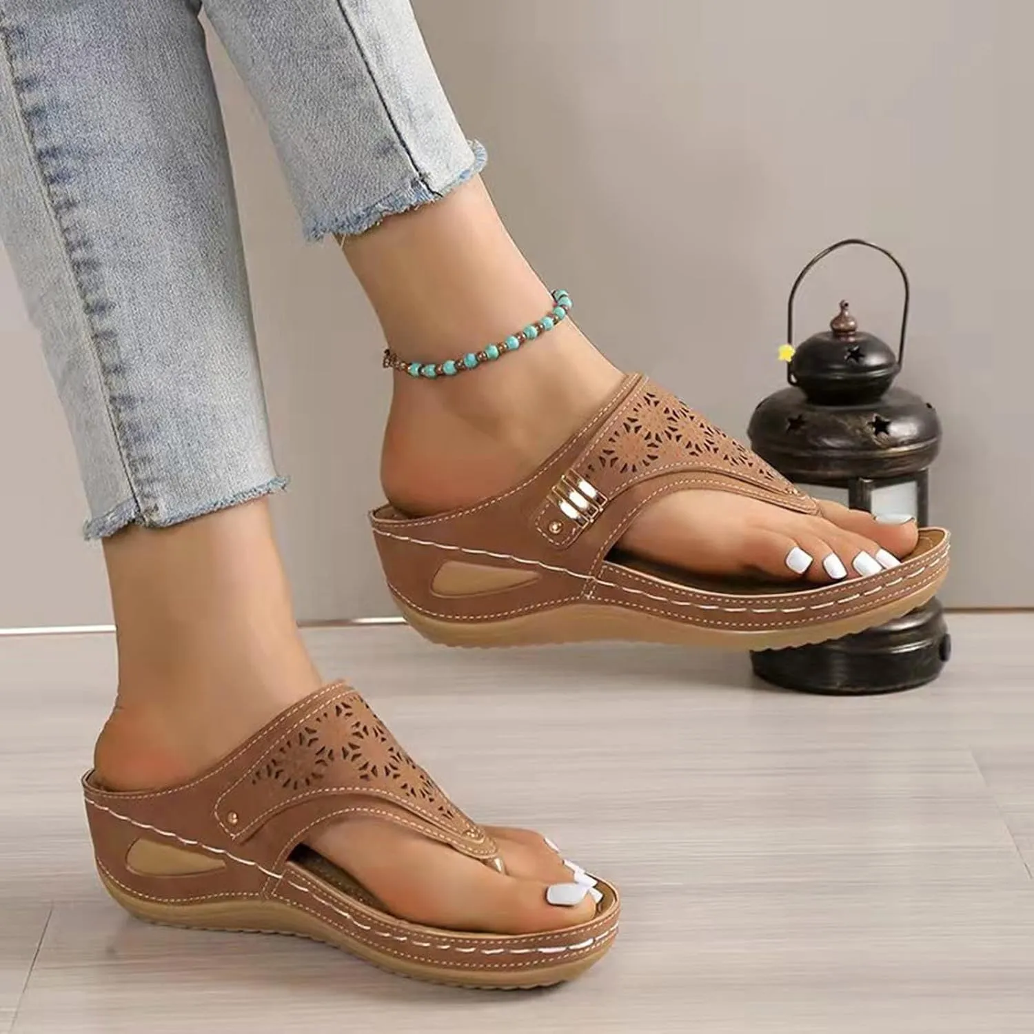 Orthopedic Wedge Sandals for Women Dressy Summer 2025,Arch Support Flip Flops Comfortable Elegant Casual Beach Slippers Women's Orthotic Sandals Slip-on Flats Outdoor Slides Boho Walking Shoes