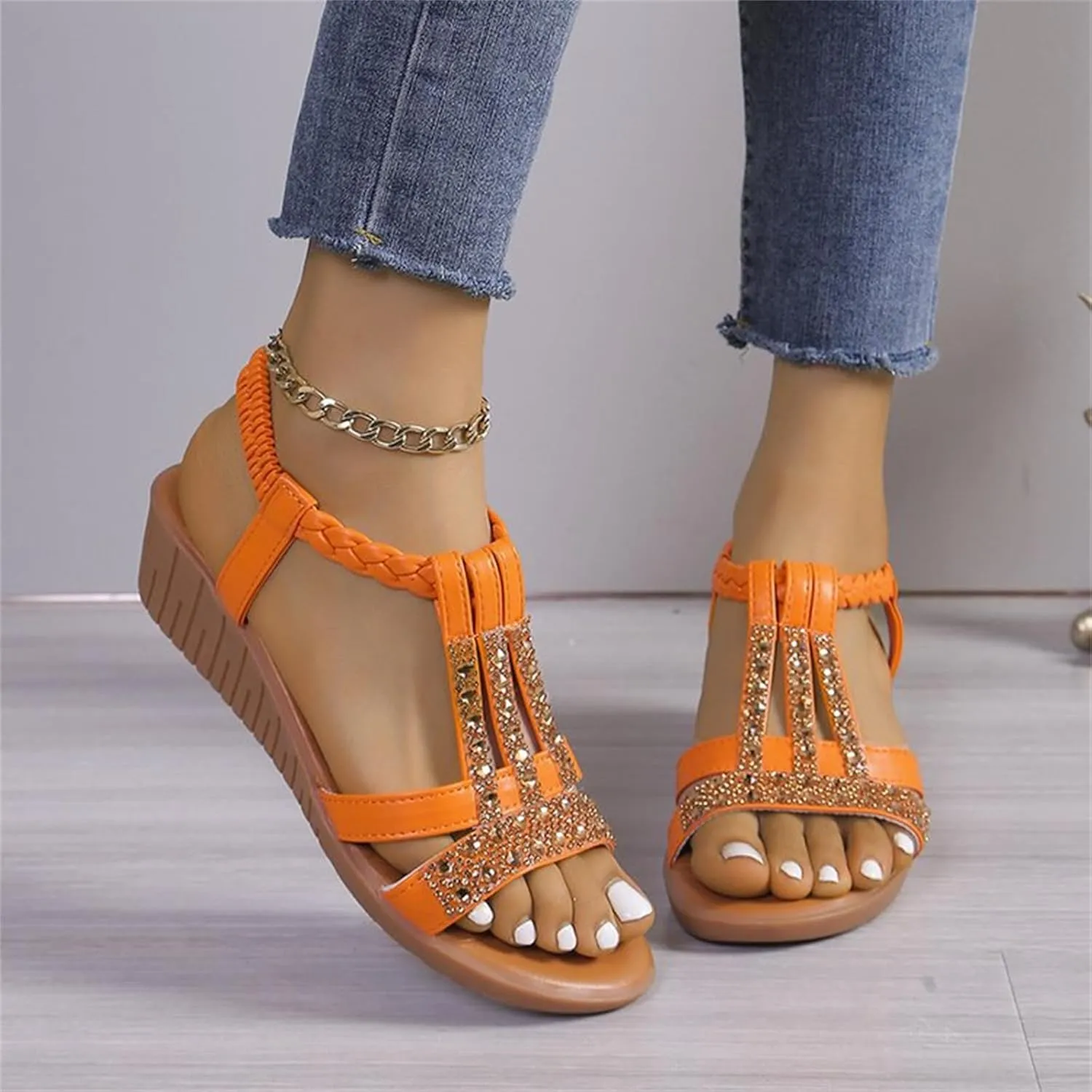Orthotic Sandals for Women Rhinestones Sparkly T-Strap Bohemia Sandals Open Toe Slip On Shoes Low Arch Support Beach Shoes Summer Comfortable Vacation Footwear