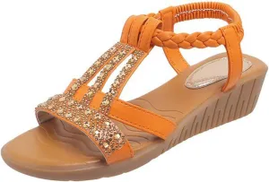 Orthotic Sandals for Women Rhinestones Sparkly T-Strap Bohemia Sandals Open Toe Slip On Shoes Low Arch Support Beach Shoes Summer Comfortable Vacation Footwear