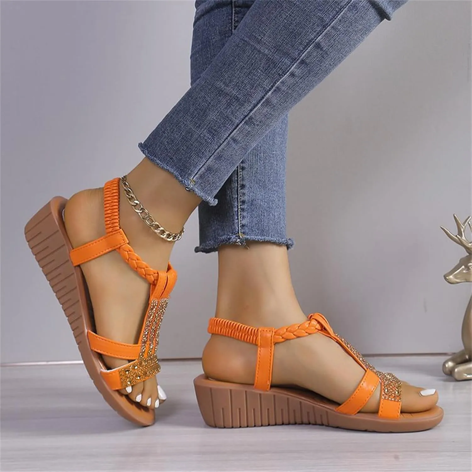 Orthotic Sandals for Women Rhinestones Sparkly T-Strap Bohemia Sandals Open Toe Slip On Shoes Low Arch Support Beach Shoes Summer Comfortable Vacation Footwear