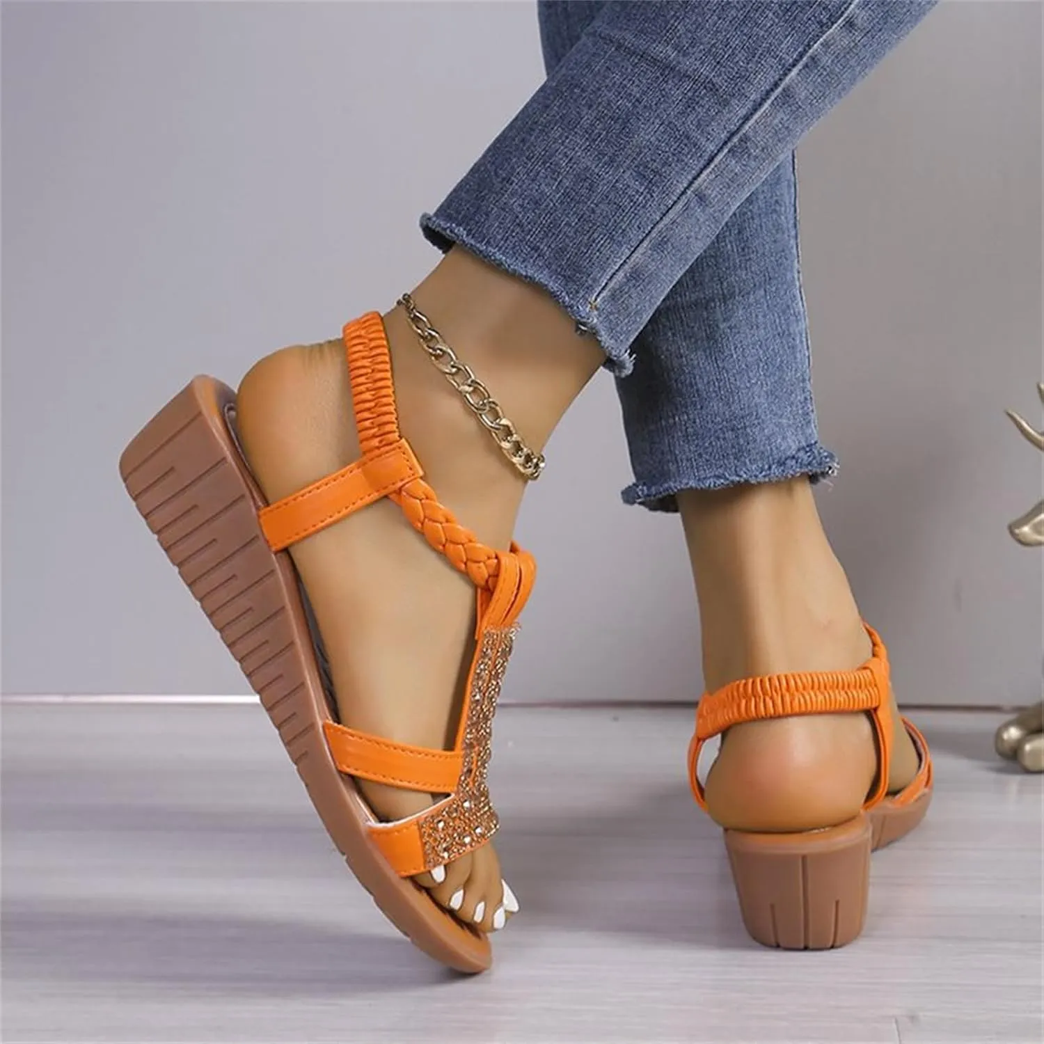 Orthotic Sandals for Women Rhinestones Sparkly T-Strap Bohemia Sandals Open Toe Slip On Shoes Low Arch Support Beach Shoes Summer Comfortable Vacation Footwear