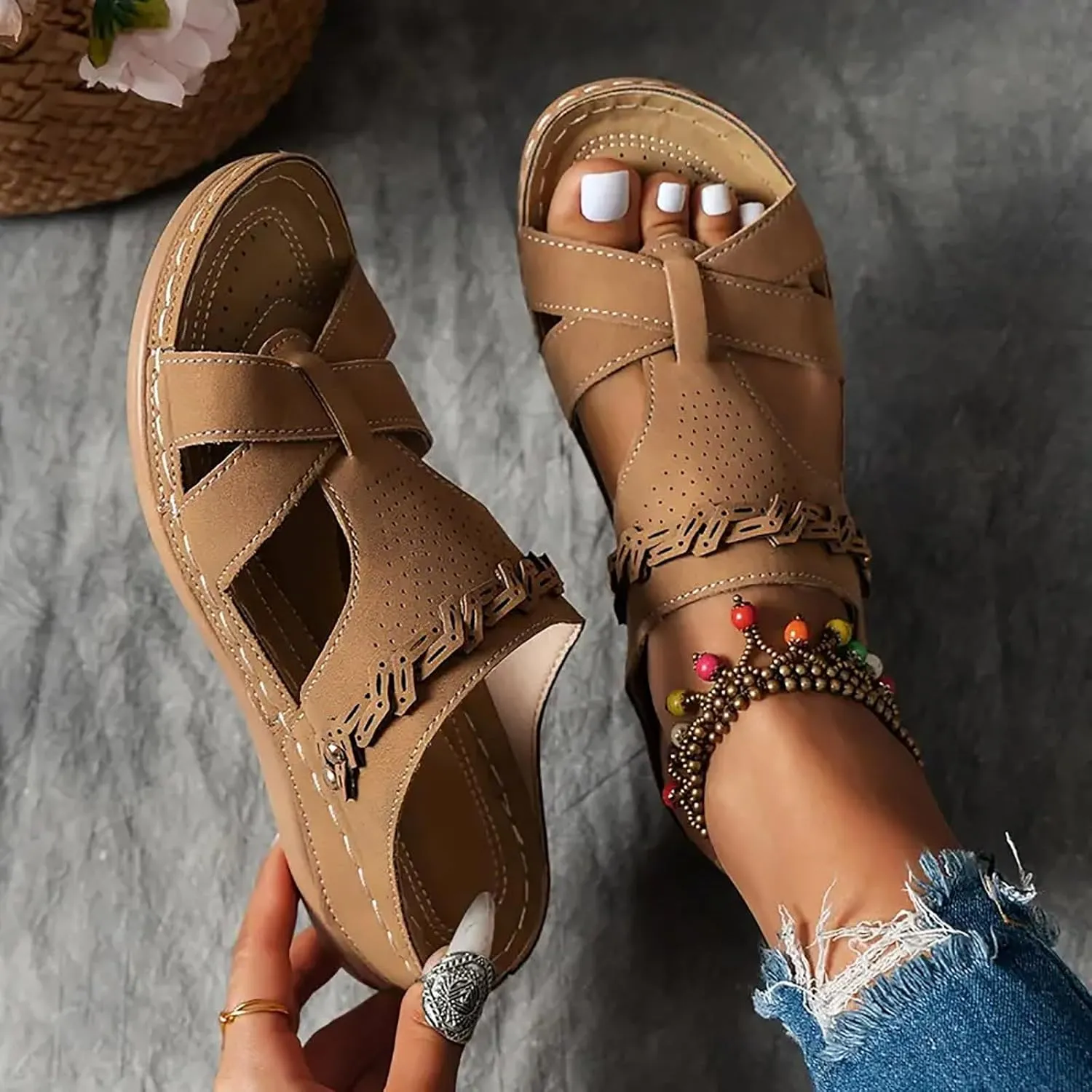 Platform Sandals Women Open Toe Comfort Yoga Mat Wedge Sandals Summer Trendy Thick Sole Slip on Platform Bohemian Shoes