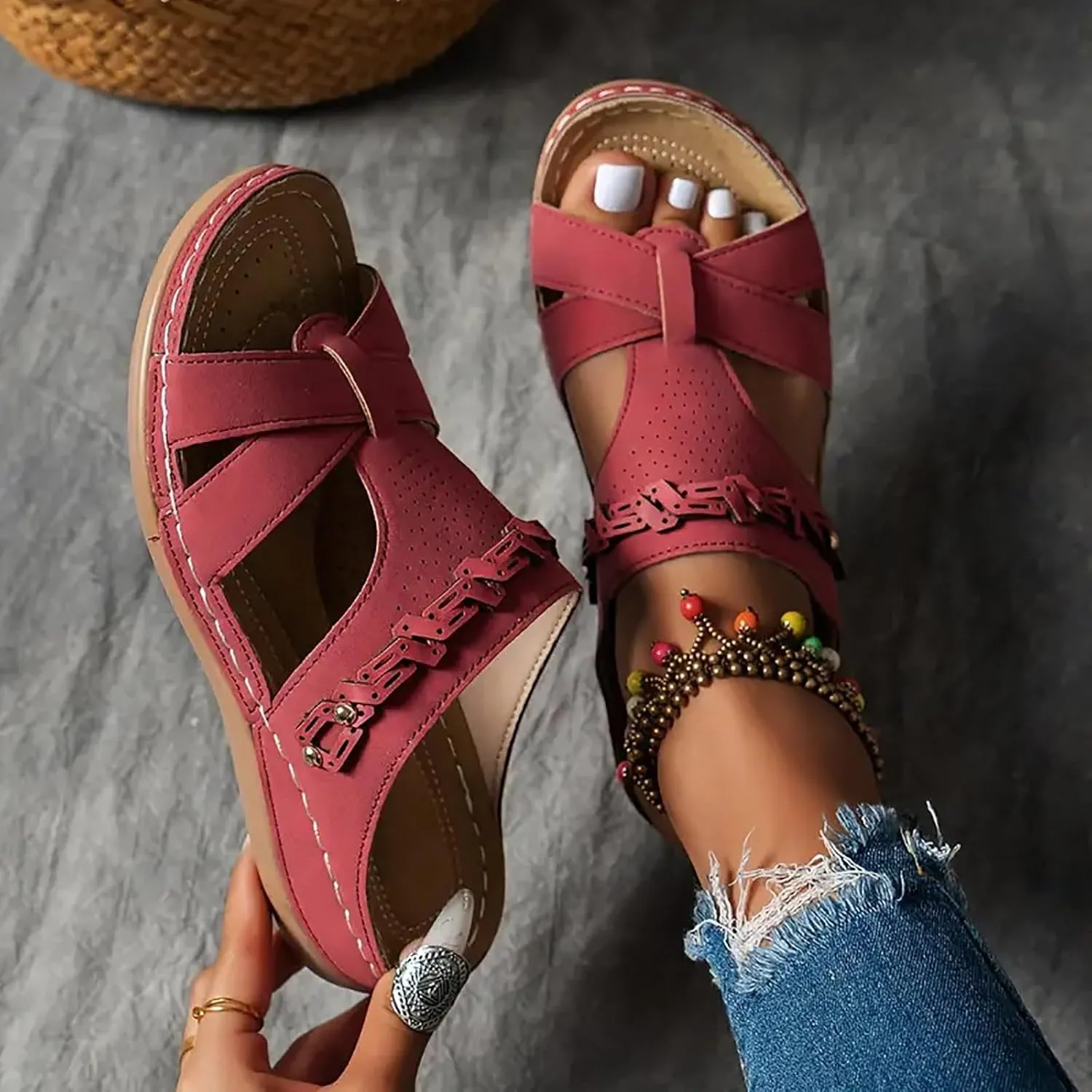 Platform Sandals Women Open Toe Comfort Yoga Mat Wedge Sandals Summer Trendy Thick Sole Slip on Platform Bohemian Shoes