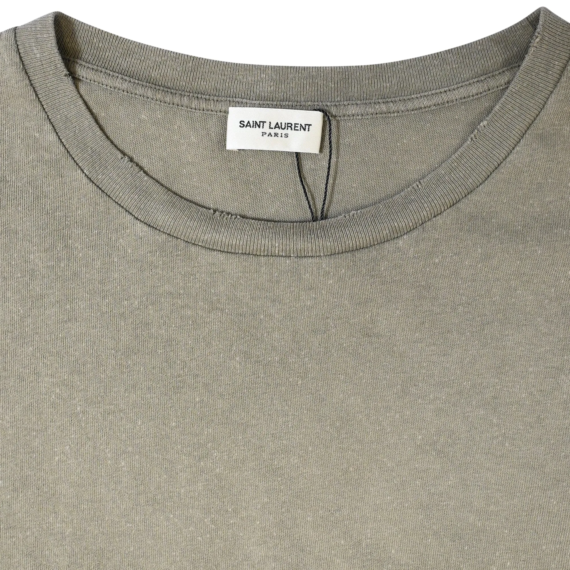 Saint Laurent Logo-Print Distressed-Effect T-shirt in Khaki Cotton
