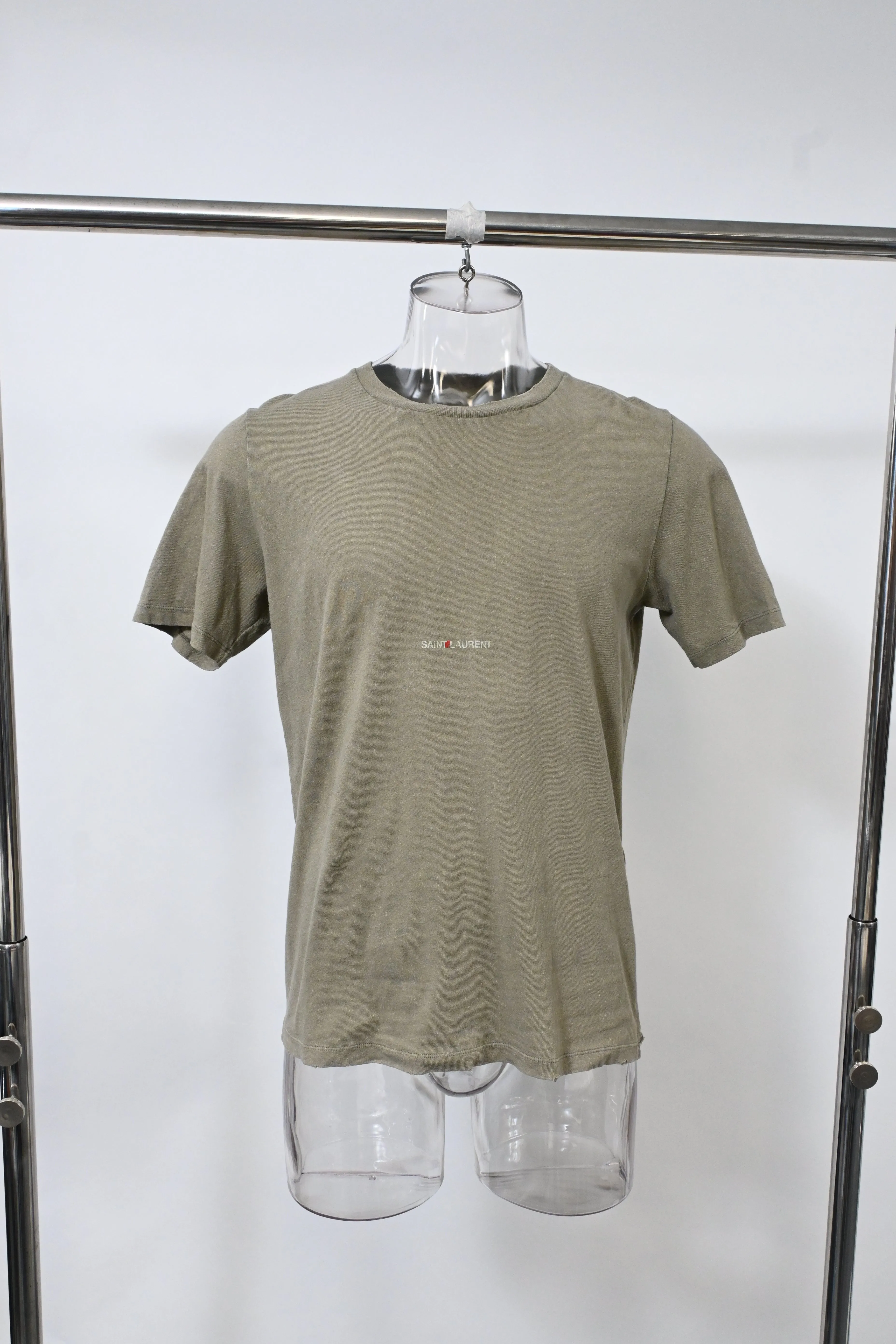 Saint Laurent Logo-Print Distressed-Effect T-shirt in Khaki Cotton
