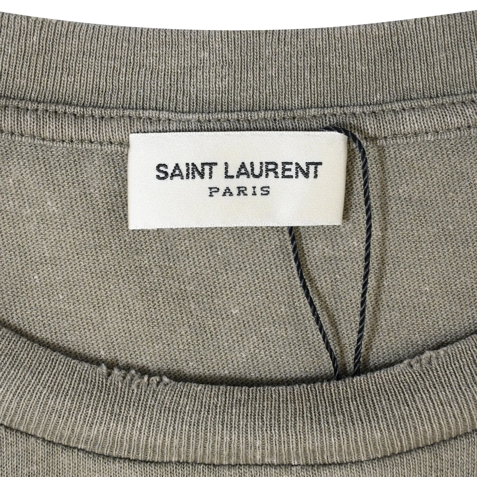 Saint Laurent Logo-Print Distressed-Effect T-shirt in Khaki Cotton