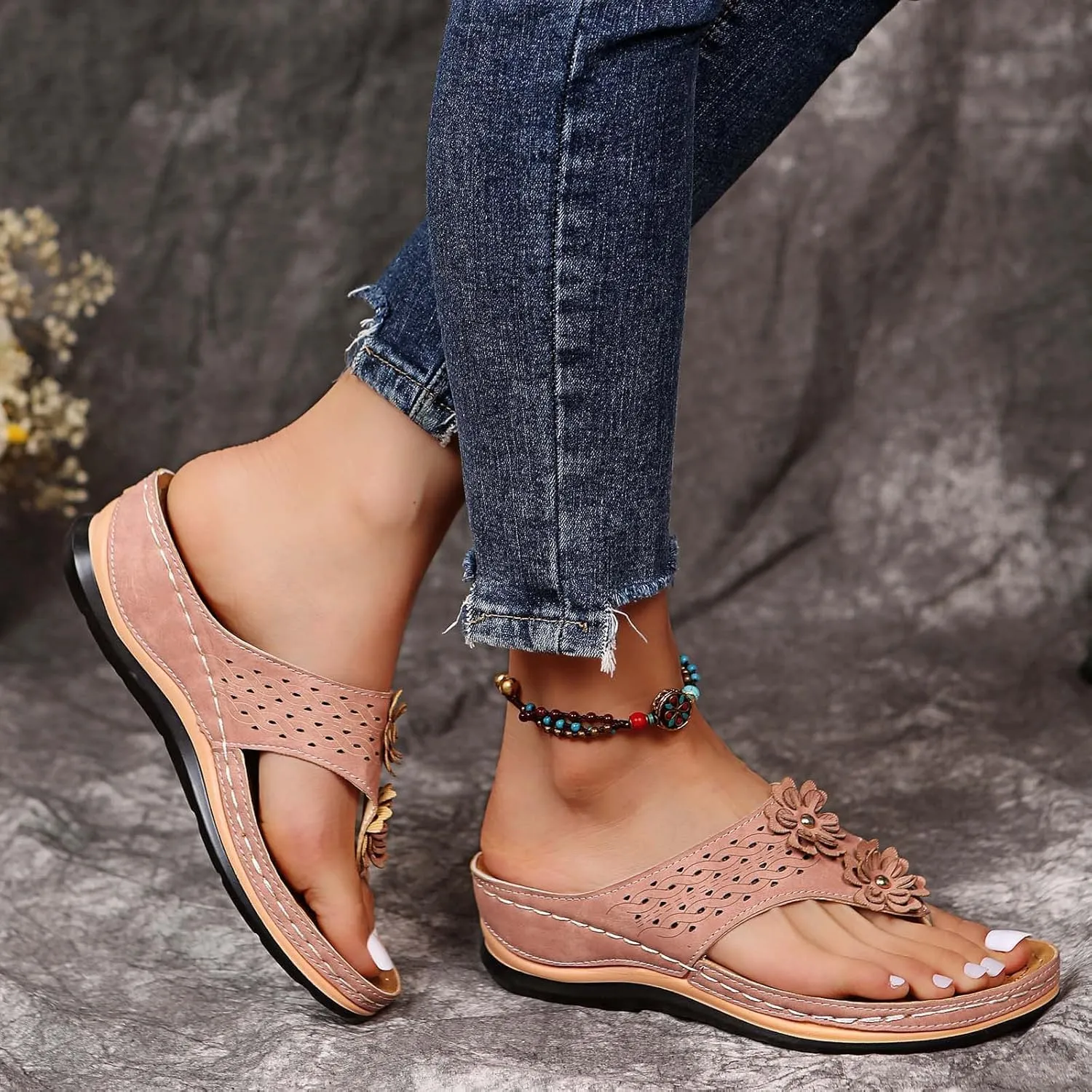 Sandals for Women 2025,Flower Orthopedic Sandals with Arch Support Flip Flops for Women Wedge Sandals,Orthotic Thong Sandals Ladies Slip on Slides for Walking Beach Vacation