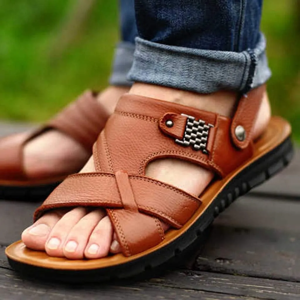 Slides Beach Fashion Leather Men's Sandals Breathable Outdoor Slippers Shoes Men's Lace Sandals