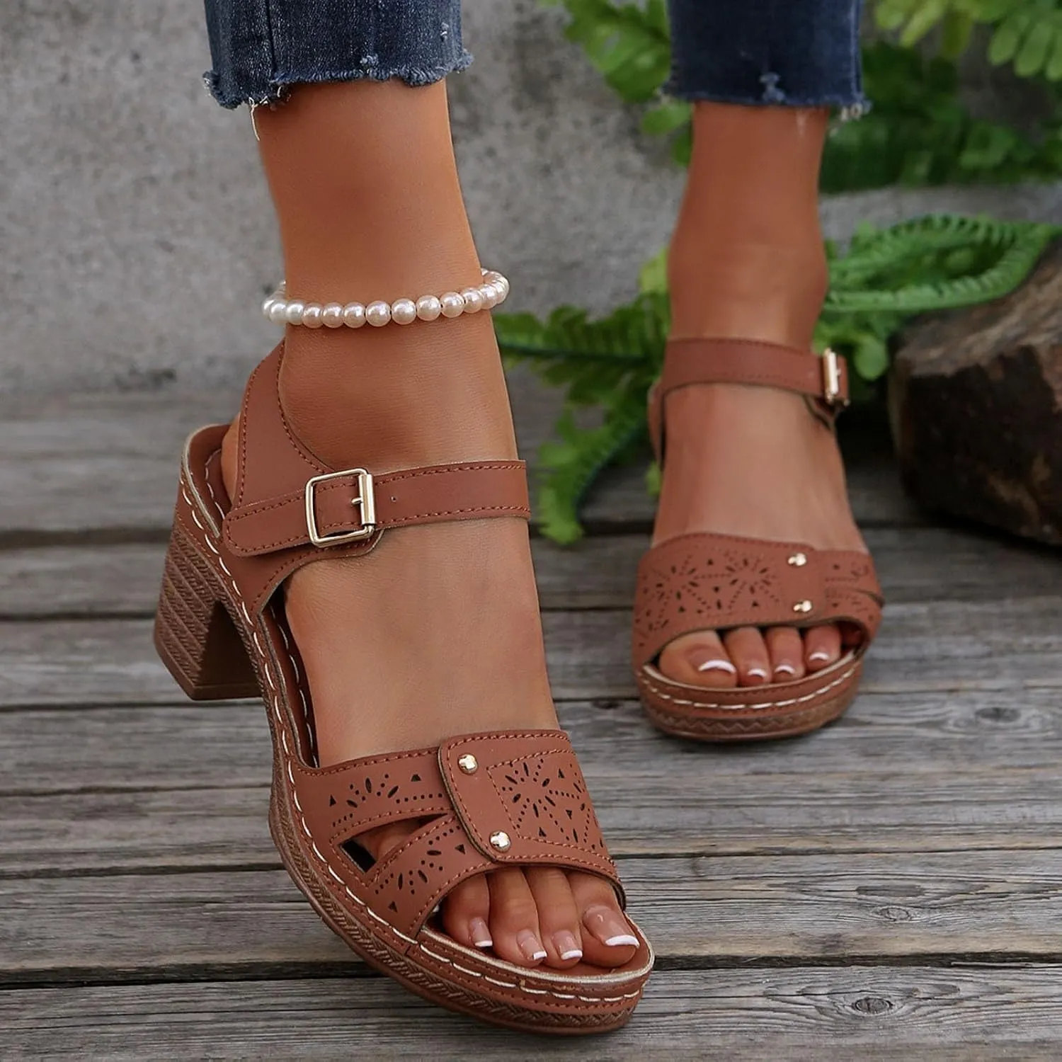 Slingback Heels for Women Chunky High Heels Sandals Adjustable Ankle Strap Buckle Sandals Hollow Out Open Toe Shoes Fashion Summer Breathable Dress Shoes Bohemian Beach Vacation Slingback