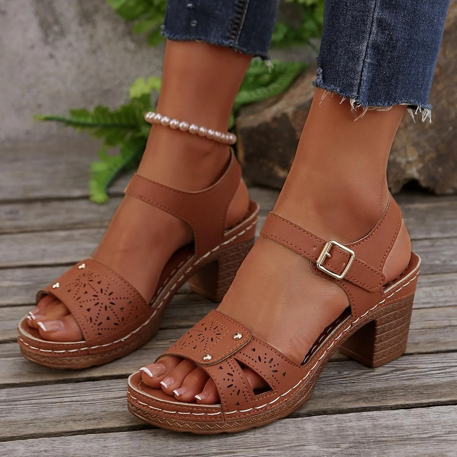 Slingback Heels for Women Chunky High Heels Sandals Adjustable Ankle Strap Buckle Sandals Hollow Out Open Toe Shoes Fashion Summer Breathable Dress Shoes Bohemian Beach Vacation Slingback