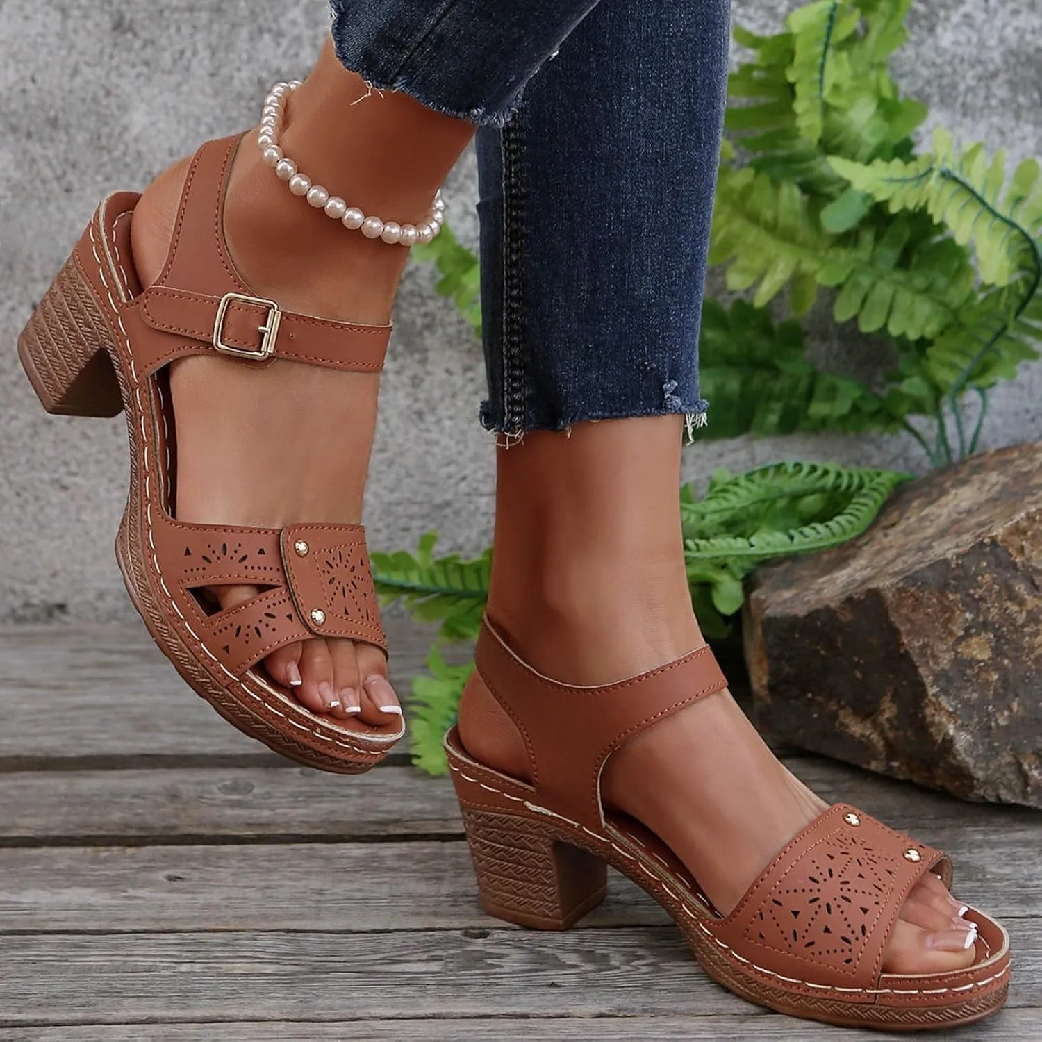 Slingback Heels for Women Chunky High Heels Sandals Adjustable Ankle Strap Buckle Sandals Hollow Out Open Toe Shoes Fashion Summer Breathable Dress Shoes Bohemian Beach Vacation Slingback
