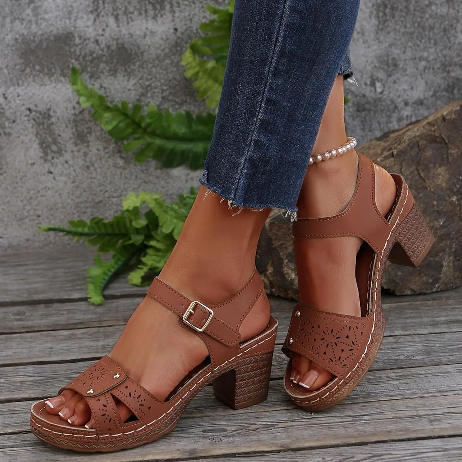 Slingback Heels for Women Chunky High Heels Sandals Adjustable Ankle Strap Buckle Sandals Hollow Out Open Toe Shoes Fashion Summer Breathable Dress Shoes Bohemian Beach Vacation Slingback