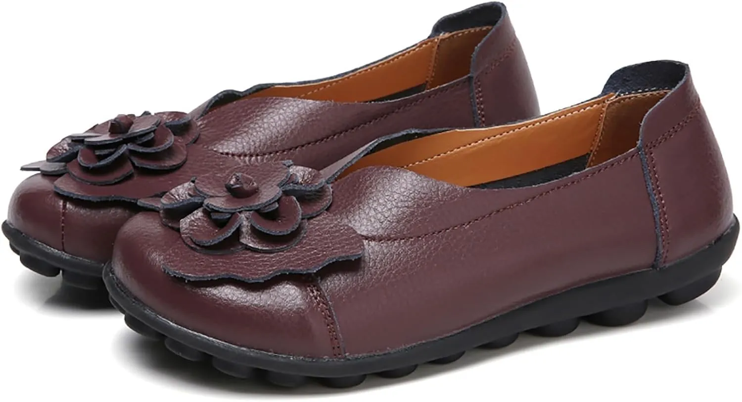 Slip on Loafers for Women Leather Flowers Loafers Comfortable Walking Work Flats Shoes Lightweight Soft Sole Flat Shoes Round Toe Summer Shoe