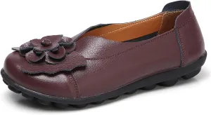 Slip on Loafers for Women Leather Flowers Loafers Comfortable Walking Work Flats Shoes Lightweight Soft Sole Flat Shoes Round Toe Summer Shoe