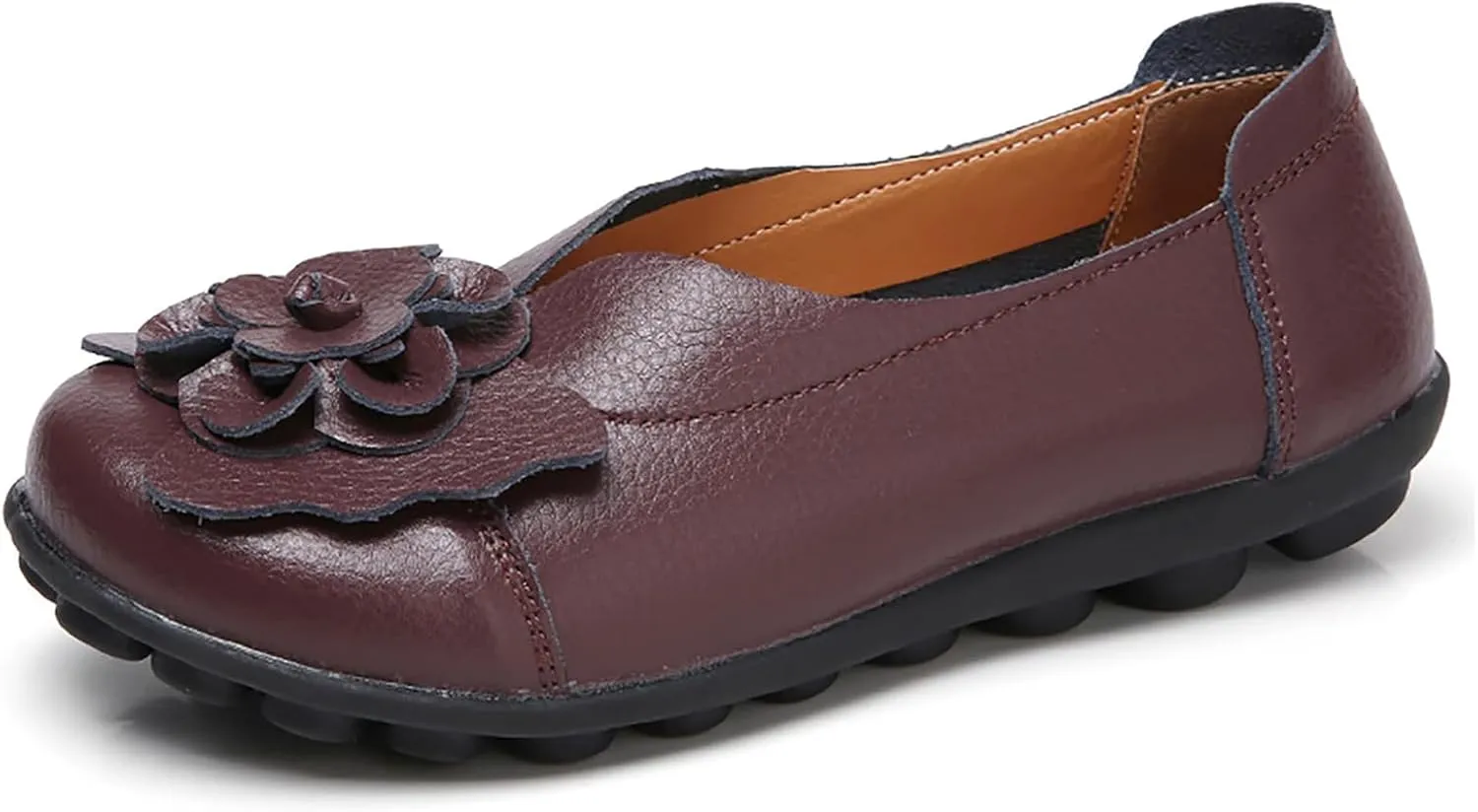 Slip on Loafers for Women Leather Flowers Loafers Comfortable Walking Work Flats Shoes Lightweight Soft Sole Flat Shoes Round Toe Summer Shoe