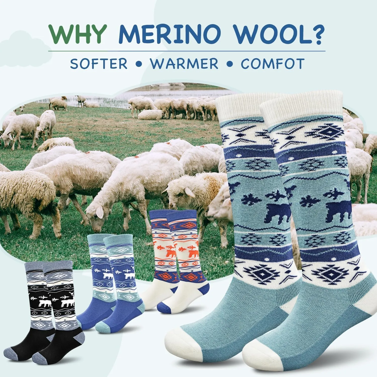 Socks Daze 2 Pack Kids Merino Wool Blend Ski Socks Knee High Winter Warm Snowboard Skating Socks for Boys Girls Toddler