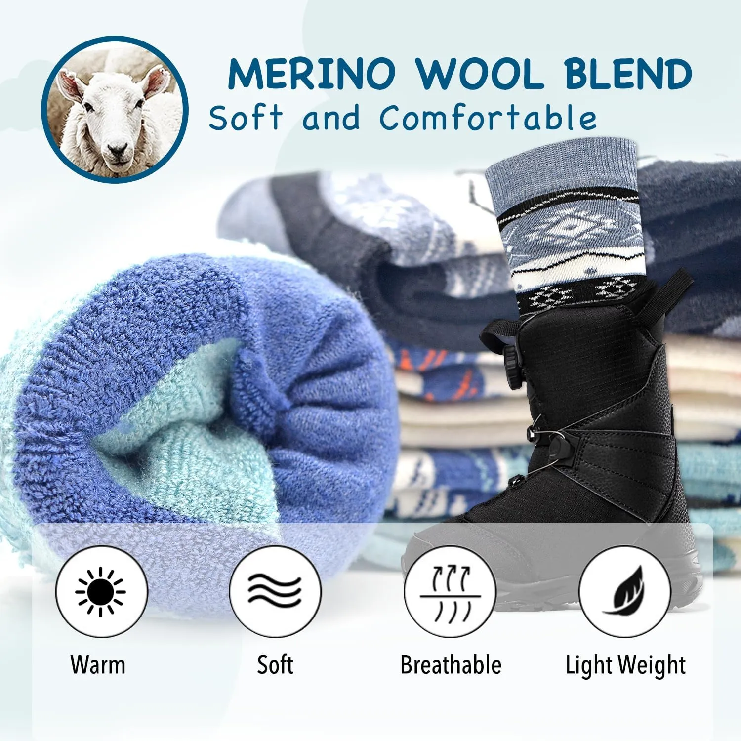 Socks Daze 2 Pack Kids Merino Wool Blend Ski Socks Knee High Winter Warm Snowboard Skating Socks for Boys Girls Toddler
