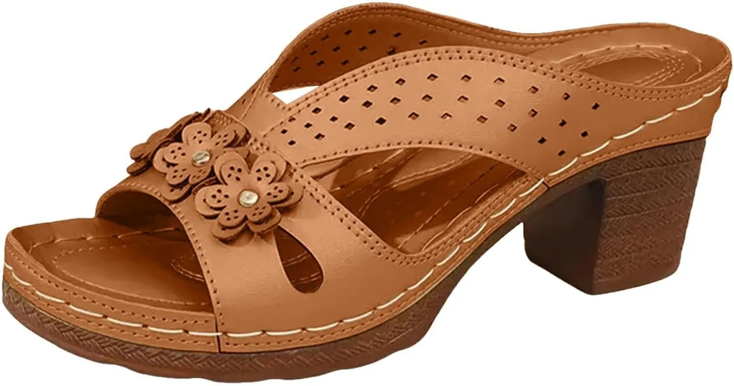 Summer Slippers for Women Fishmouth Open Toe Chunky Heels Shoes Platform Low Block Heeled Wedge Sandals Wide Width Arch Support Orthopedic Slippers Flower Trim Hollow Out Mules 2025