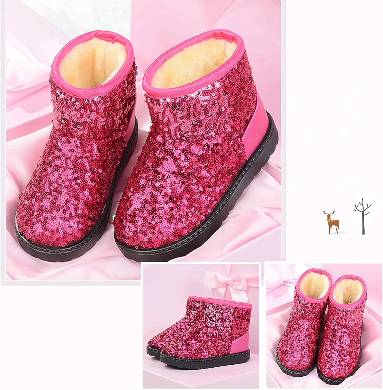 techcity Boys Girls Winter Warm Snow Boots Sequin Fur Lined Waterproof Boot Glitter Princess Outdoor Shoes(Toddler/Little Kid)