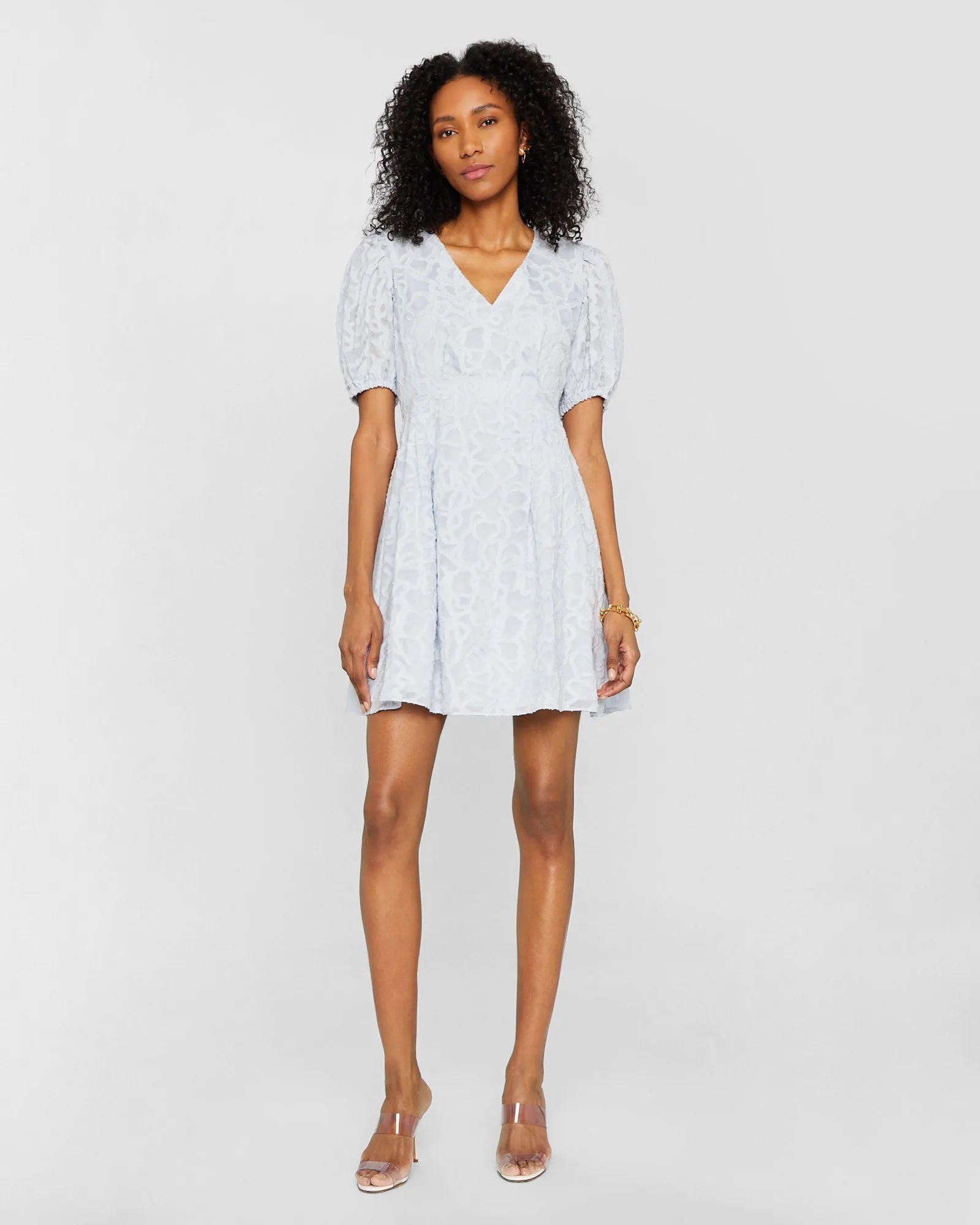 Textured Puff Sleeve V-Neck Dress