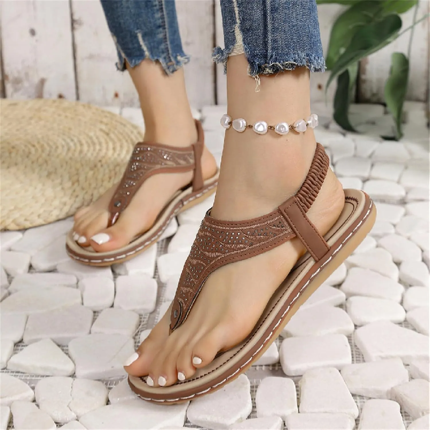Thong Flat Sandals, Casual Women T-Strap Dress Sandals Comfortable Orthopedic Open Toe Slides Sandal T-Strap and Elastic Ankle Strap Summer Beach Walking Shoes