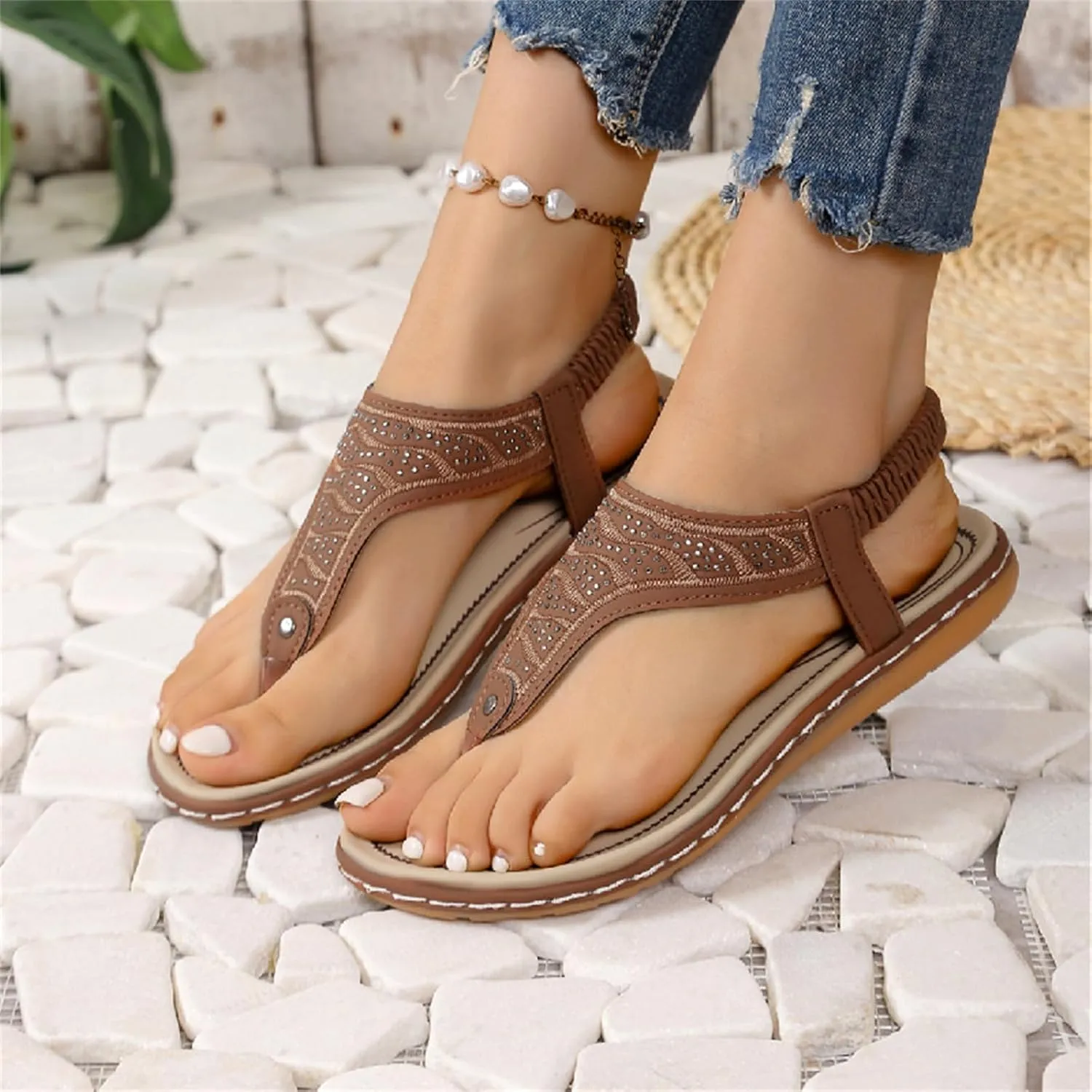 Thong Flat Sandals, Casual Women T-Strap Dress Sandals Comfortable Orthopedic Open Toe Slides Sandal T-Strap and Elastic Ankle Strap Summer Beach Walking Shoes