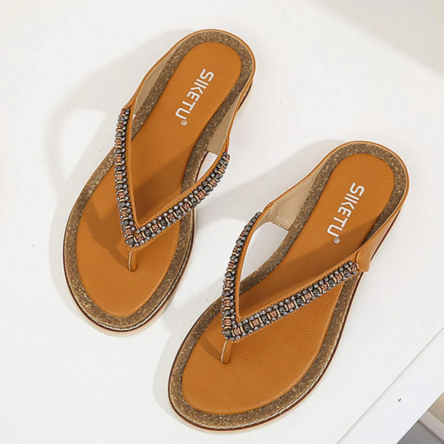 Thong Sandals for Walking Women Flip Flop Fashion Retro Beaded Decorative Round Toe Flat Bottom Comfortable Non Slip