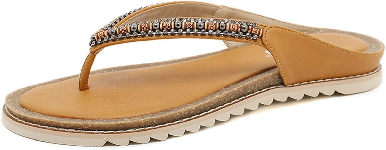 Thong Sandals for Walking Women Flip Flop Fashion Retro Beaded Decorative Round Toe Flat Bottom Comfortable Non Slip