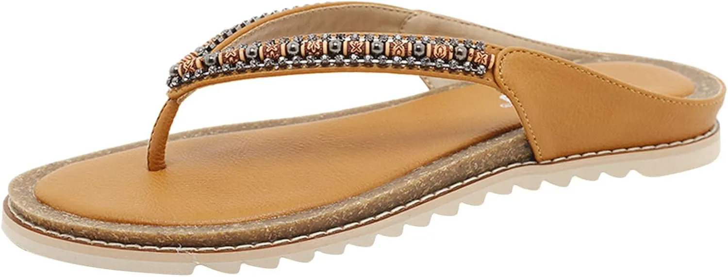 Thong Sandals for Walking Women Flip Flop Fashion Retro Beaded Decorative Round Toe Flat Bottom Comfortable Non Slip