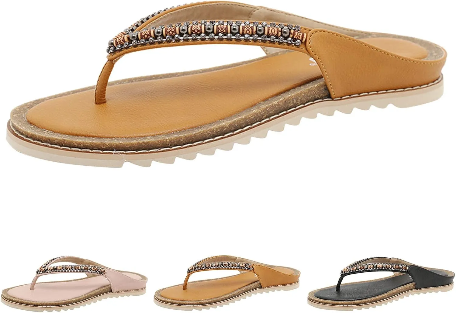Thong Sandals for Walking Women Flip Flop Fashion Retro Beaded Decorative Round Toe Flat Bottom Comfortable Non Slip