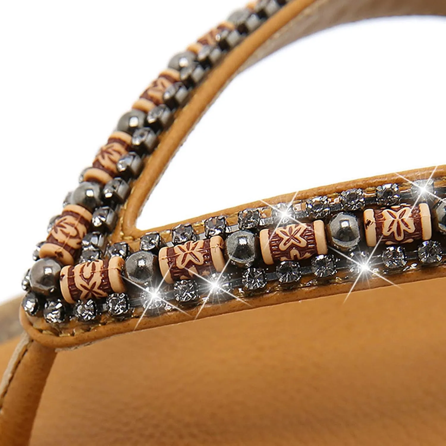 Thong Sandals for Walking Women Flip Flop Fashion Retro Beaded Decorative Round Toe Flat Bottom Comfortable Non Slip