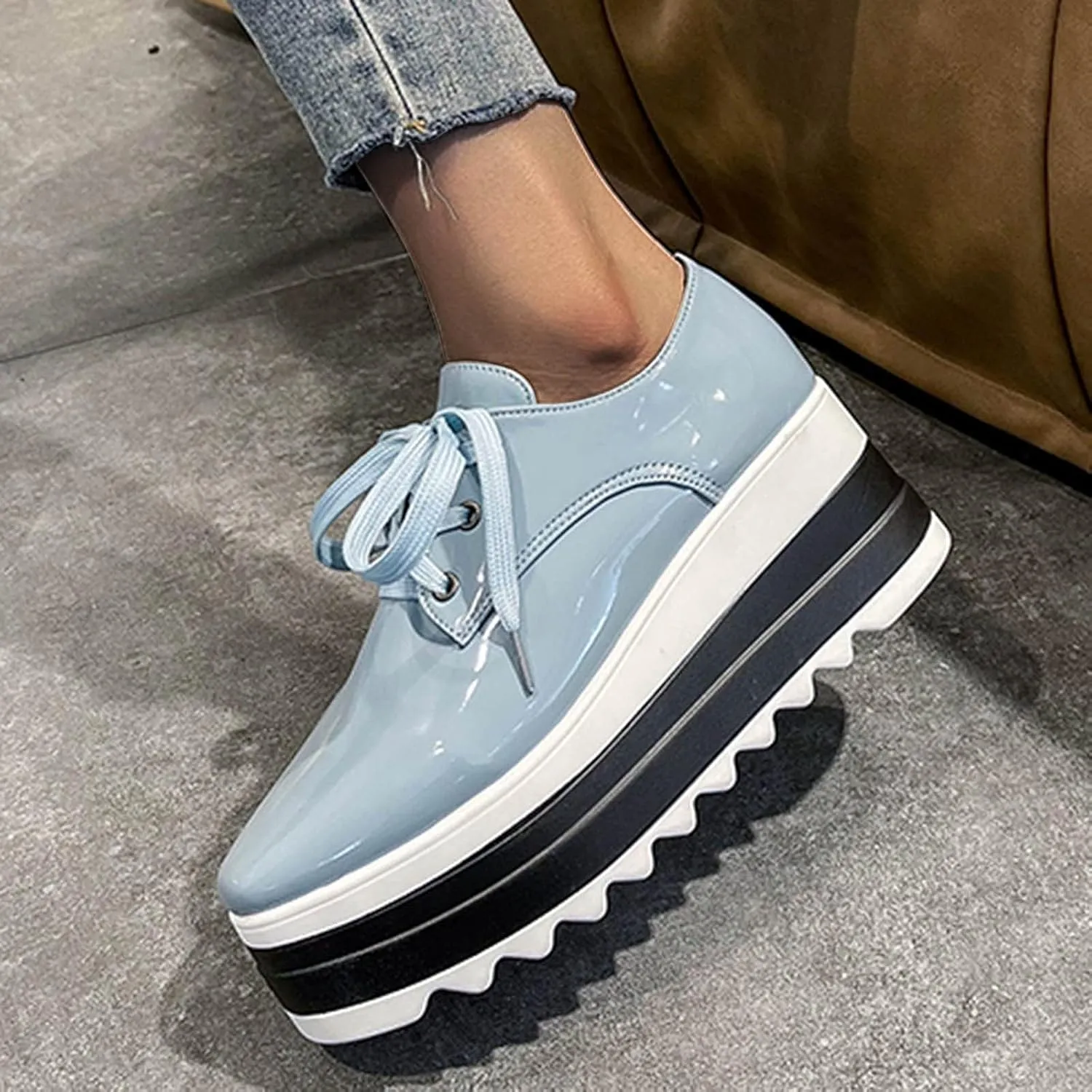 Toe Fashion Color Leather Shoes Women's Bright Solid Strap Casual Platform Shoes Womens Fashion Sneakers