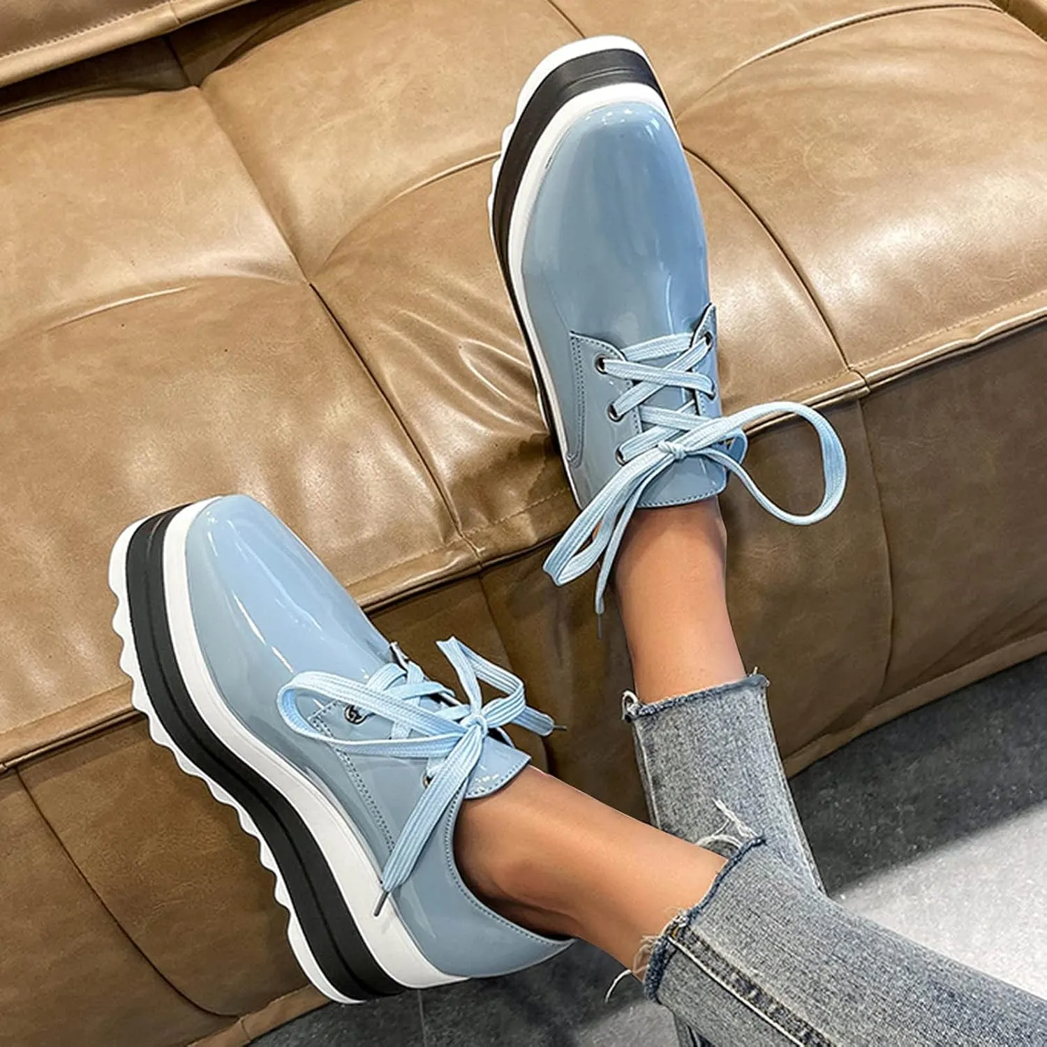 Toe Fashion Color Leather Shoes Women's Bright Solid Strap Casual Platform Shoes Womens Fashion Sneakers