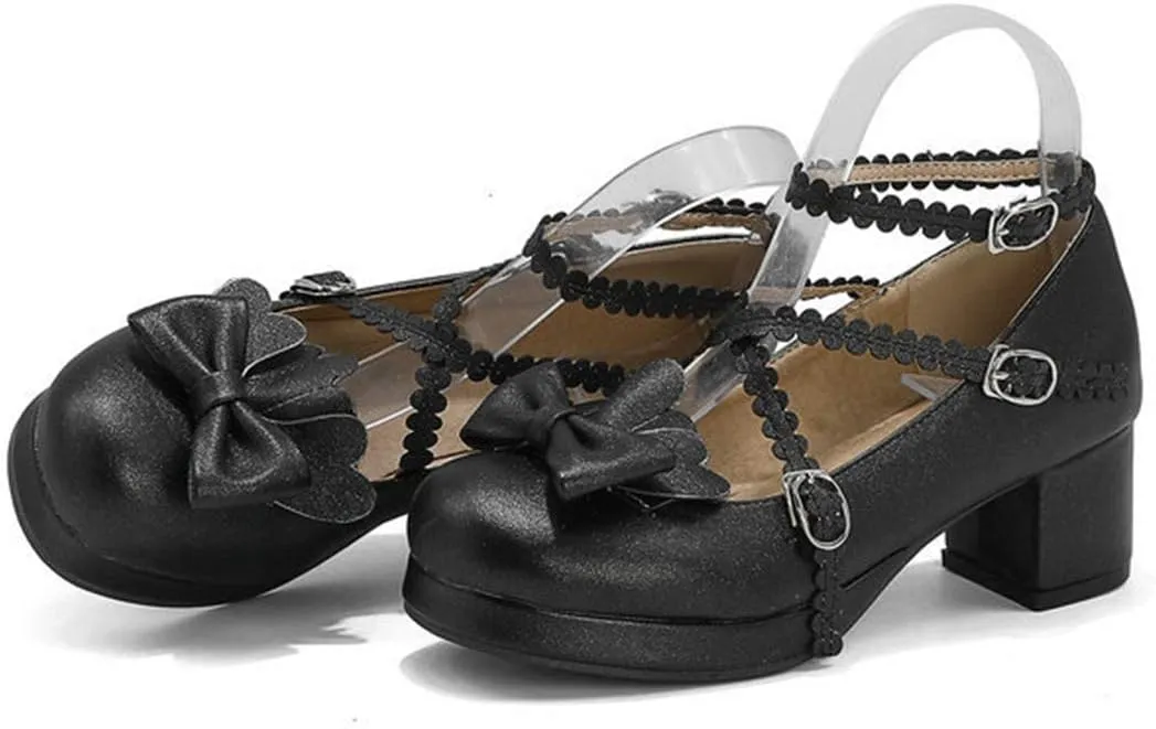 VOKLIN Women's Girls Lolita Mary Janes Pumps Princess Sweet Bow Cross Strap Block Mid Heel Oxford Dress Shoes