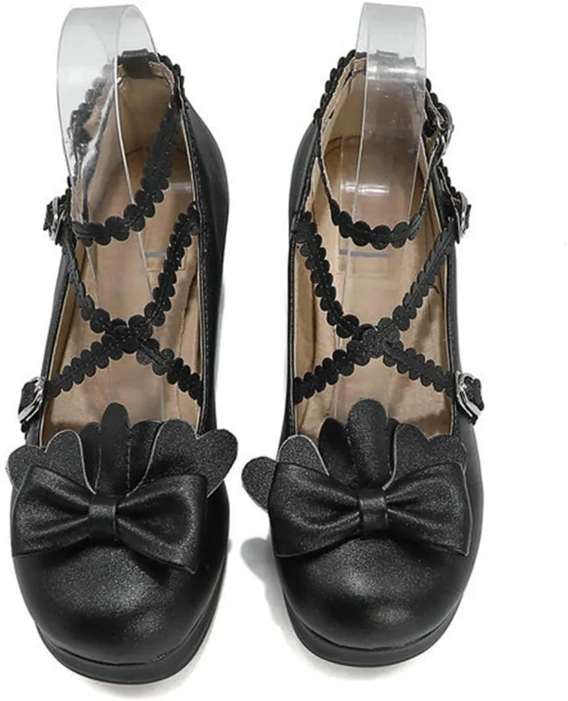 VOKLIN Women's Girls Lolita Mary Janes Pumps Princess Sweet Bow Cross Strap Block Mid Heel Oxford Dress Shoes