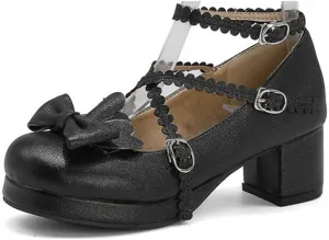 VOKLIN Women's Girls Lolita Mary Janes Pumps Princess Sweet Bow Cross Strap Block Mid Heel Oxford Dress Shoes