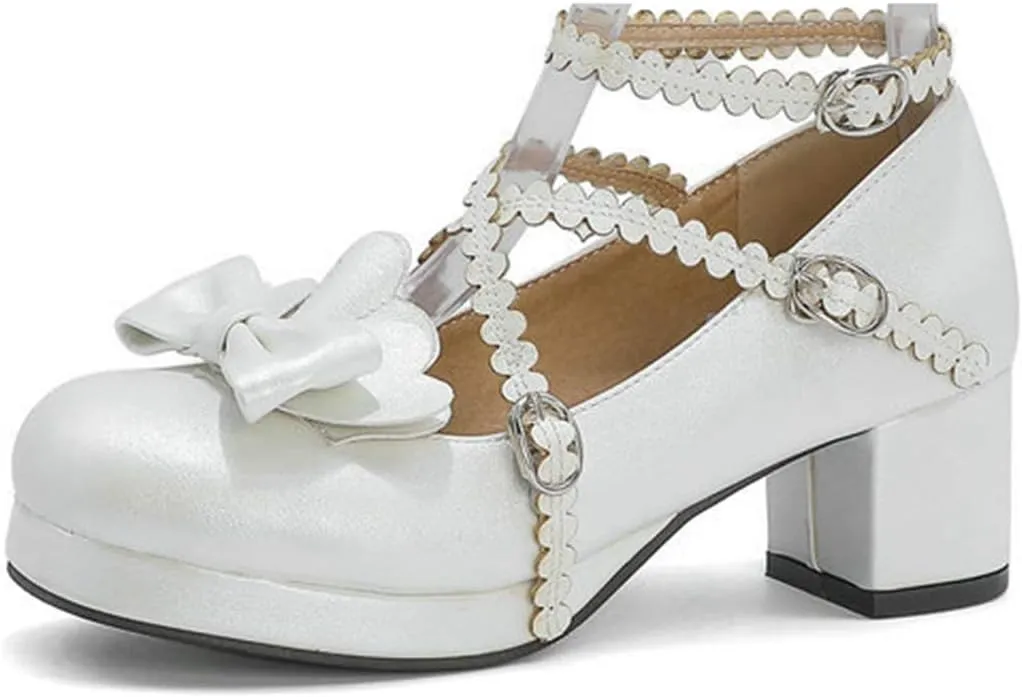 VOKLIN Women's Girls Lolita Mary Janes Pumps Princess Sweet Bow Cross Strap Block Mid Heel Oxford Dress Shoes