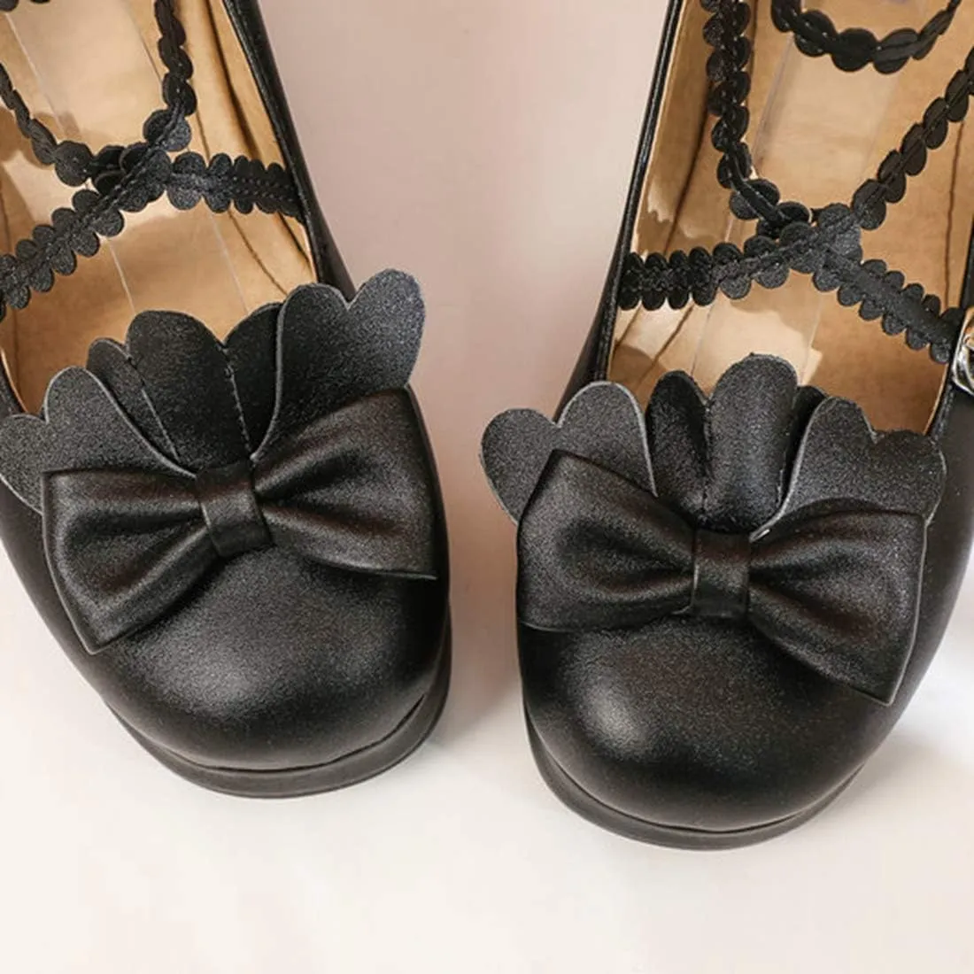 VOKLIN Women's Girls Lolita Mary Janes Pumps Princess Sweet Bow Cross Strap Block Mid Heel Oxford Dress Shoes