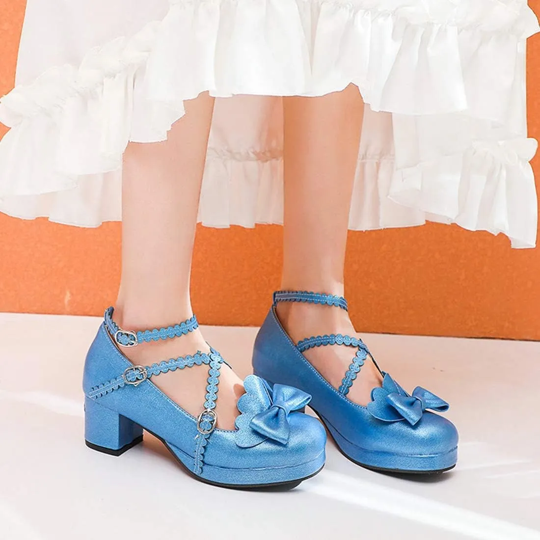 VOKLIN Women's Girls Lolita Mary Janes Pumps Princess Sweet Bow Cross Strap Block Mid Heel Oxford Dress Shoes