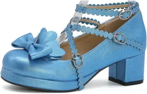 VOKLIN Women's Girls Lolita Mary Janes Pumps Princess Sweet Bow Cross Strap Block Mid Heel Oxford Dress Shoes