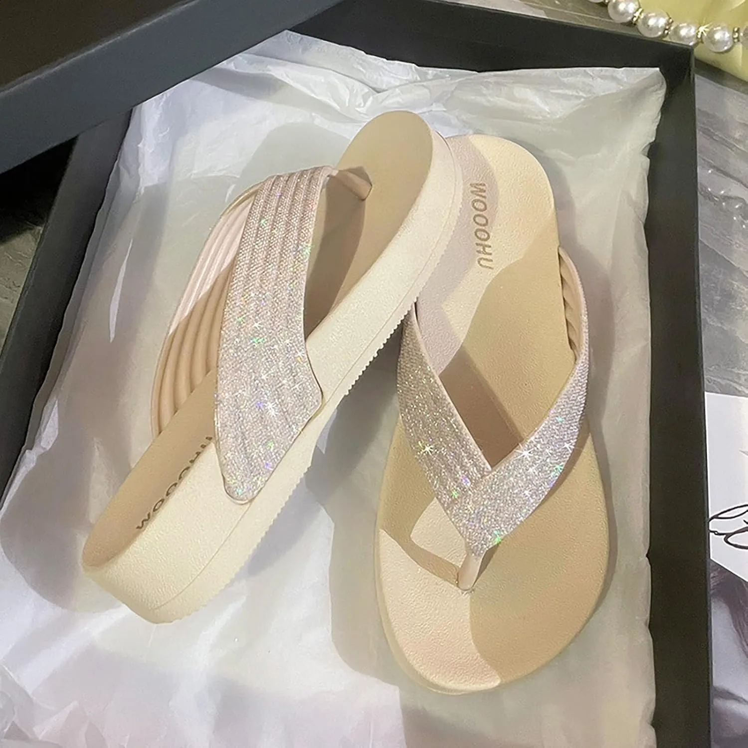 Walking Sandals for Women Fashion Trendy Beach Shoes Platform Flip Flops Versatile Sparkly Slippers Womens Rose Slides