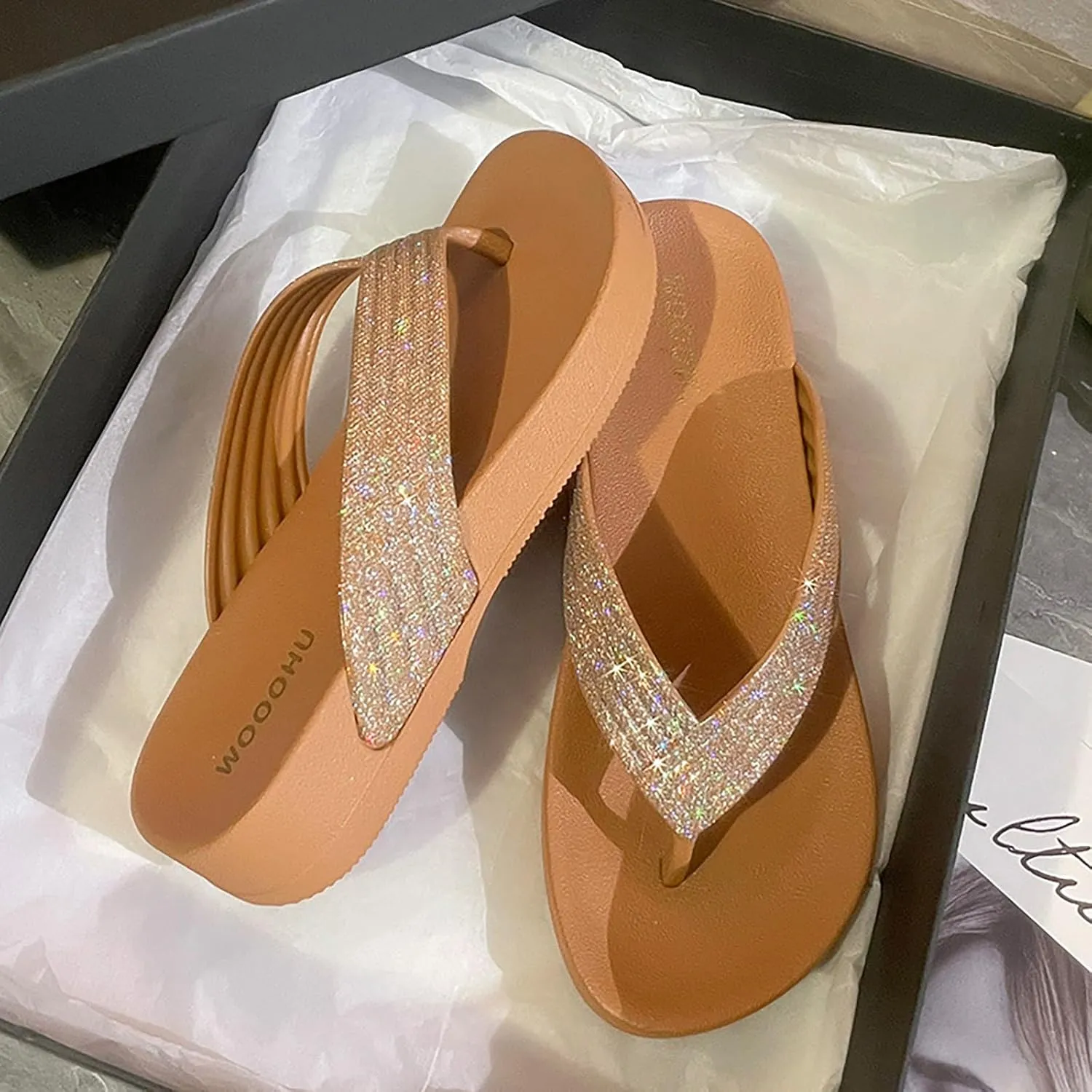 Walking Sandals for Women Fashion Trendy Beach Shoes Platform Flip Flops Versatile Sparkly Slippers Womens Rose Slides