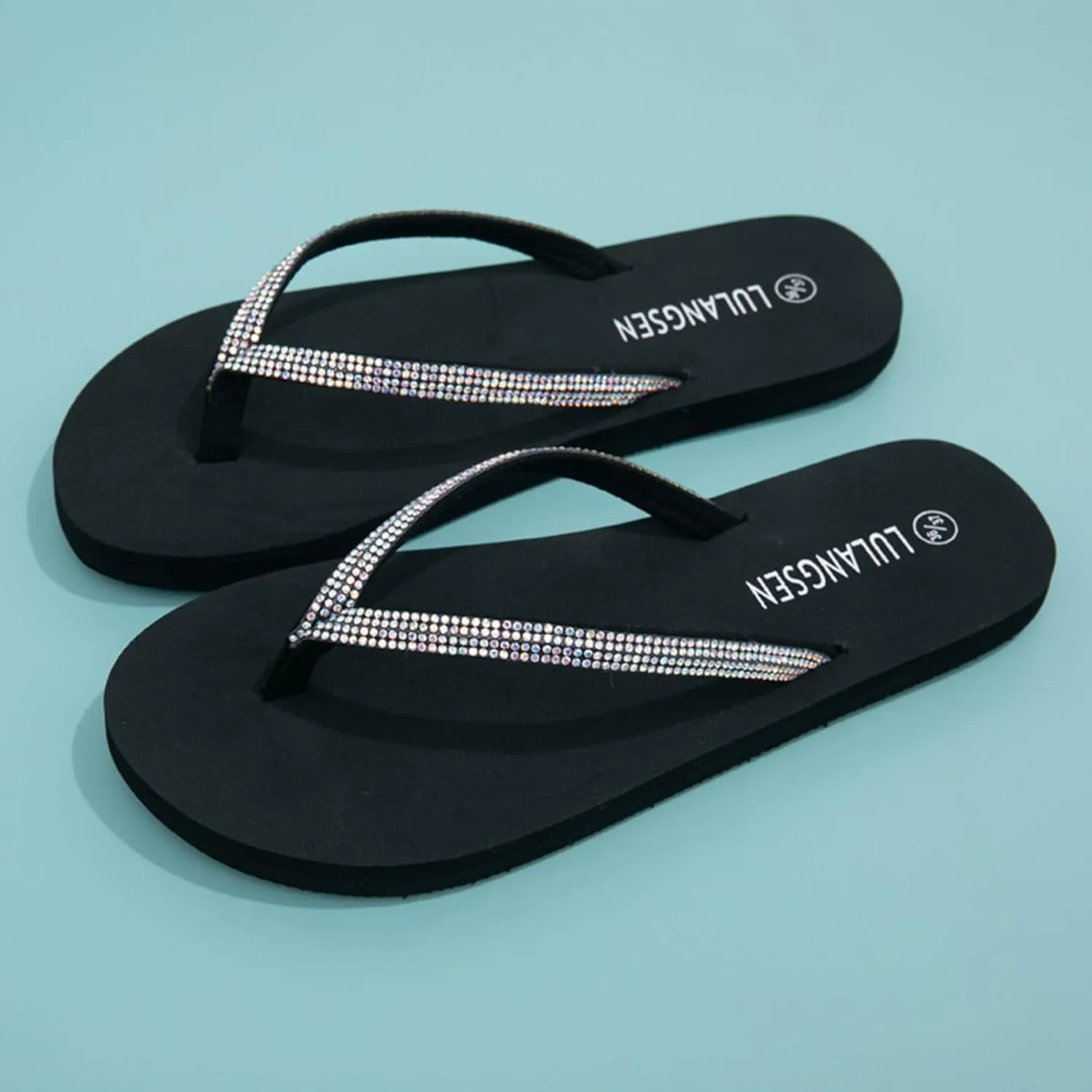 Walking Thong Comfortable Summer Beach Women's Thong Glossy Rhinestone Flat Slippers For Casual Outer Wear Beach Flip
