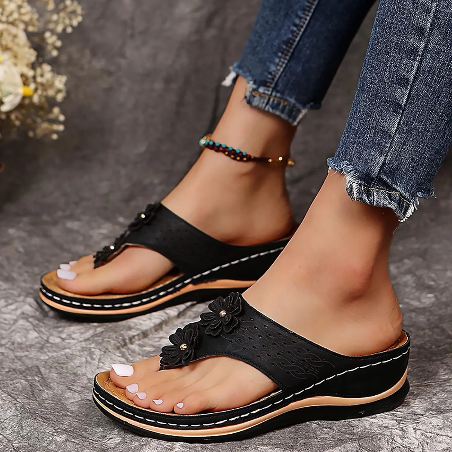 Wedge Sandals for Women Orthopedic Sandals with Arch Support Wedges Thong Sandals Slides Open Toe Flip Flops Sandals