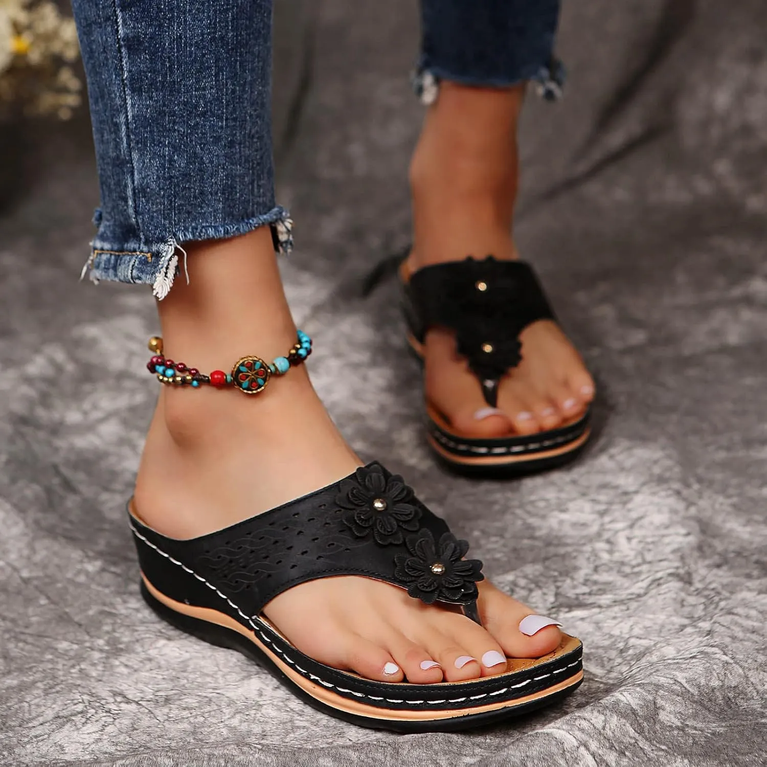Wedge Sandals for Women Orthopedic Sandals with Arch Support Wedges Thong Sandals Slides Open Toe Flip Flops Sandals